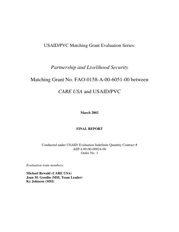 Partnership and livelihood security : matching grant no. FAO-0158-A-00-6051-00 between CARE USA and USAID/PVC -- final report