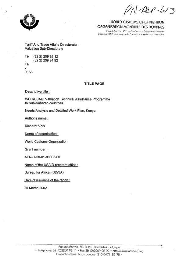 WCO/USAID valuation technical assistance programme to sub-Saharan countries : needs analysis and detailed work plan -- Kenya