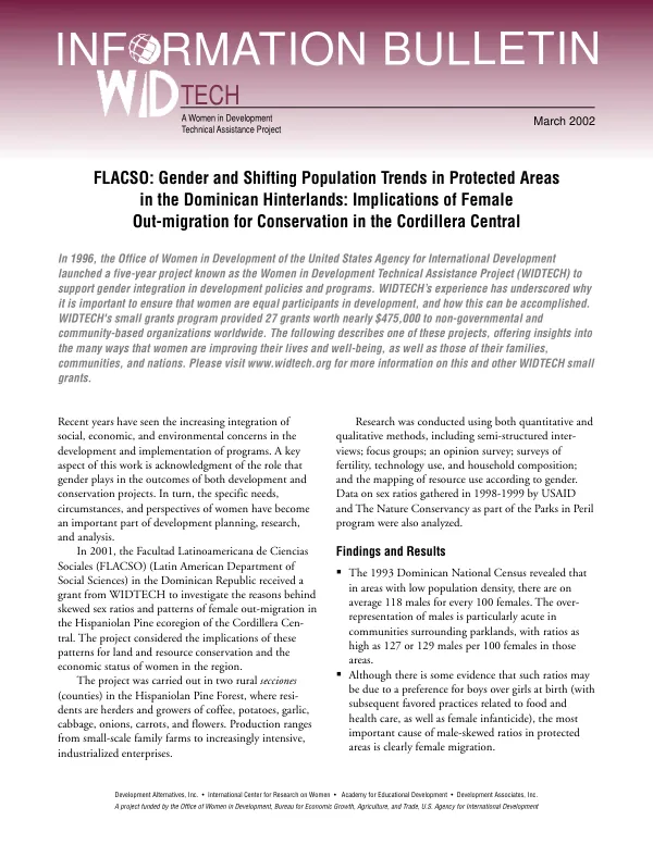 FLASCO [Facultad Latinoamericana de Ciencias Sociales = Latin American Department of Social Sciences] : gender and shifting population trends in protected areas in the Dominican hinterlands -- implications of female out-migration for conservation in the Cordillera Central[, Dominican Republic]
