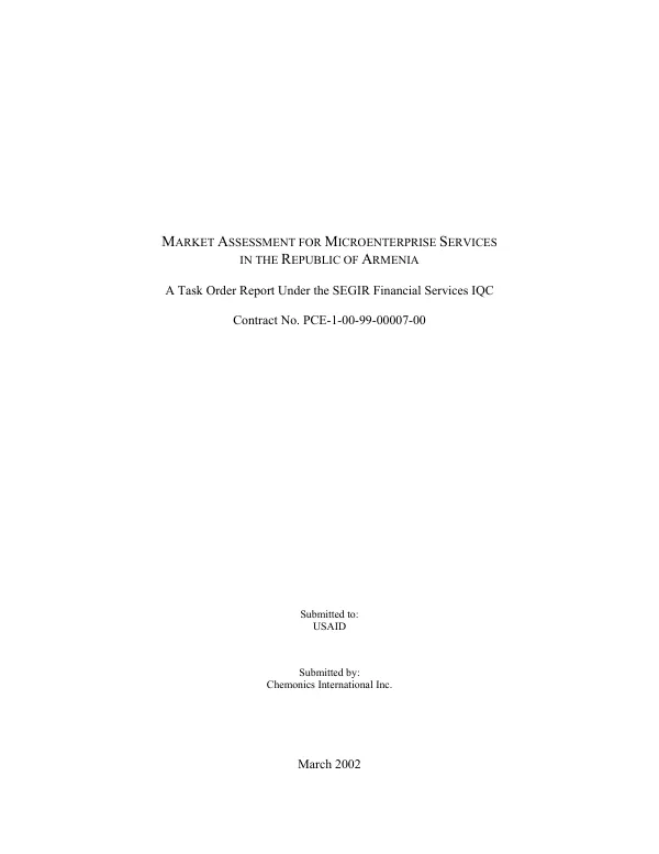 Market assessment for microenterprise services in the Republic of Armenia