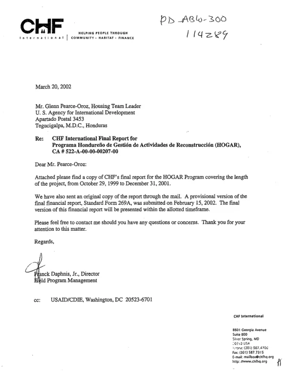 Cooperative Housing Foundation (CHF) : programa Hondureno de gestion de actividades de reconstruccion (HOGAR) -- final performance report