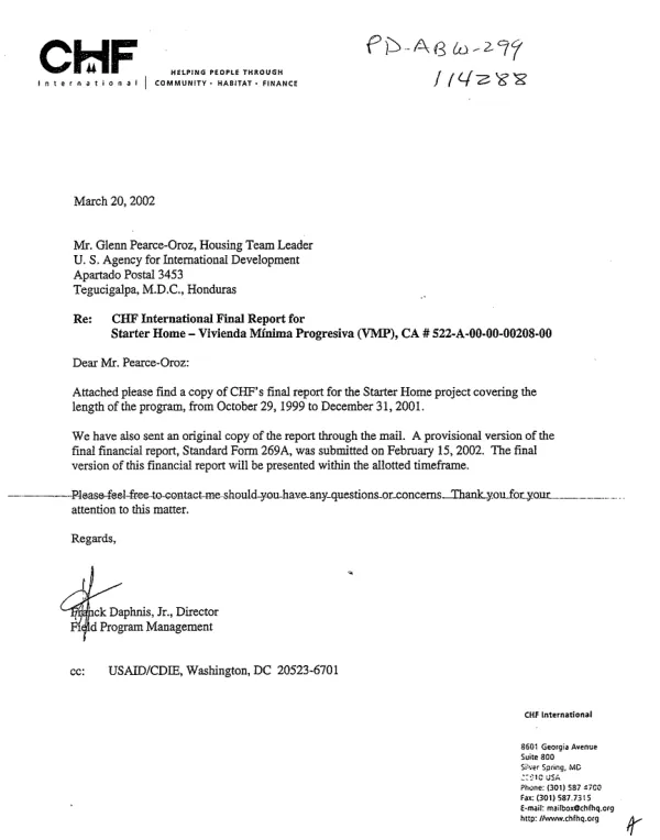 Cooperative Housing Foundation (CHF) : starter home program Honduras, vivienda minima progresiva (VMP) -- final performance report