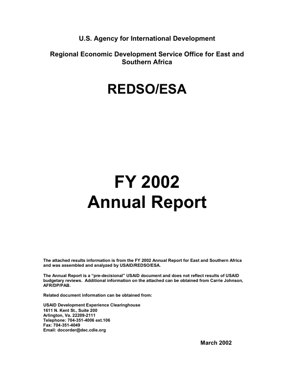 US Agency for International Development, Regional Economic Development Service Office for East and Southern Africa (REDSO/ESA) : FY 2002 annual report [AR]