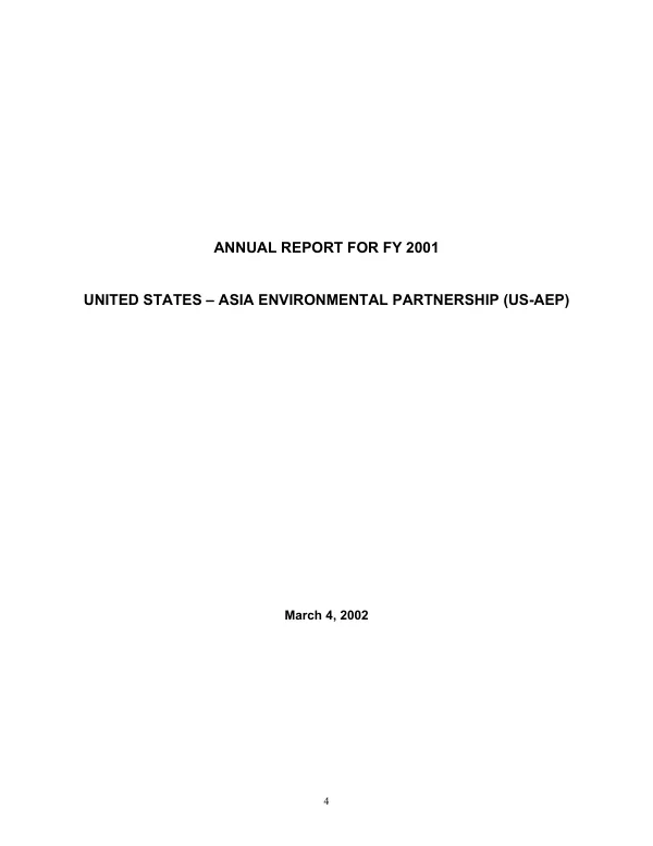 Annual report [AR] for FY 2001 [i.e. 2002] : United States-Asia Environmental Partnership (US-AEP)