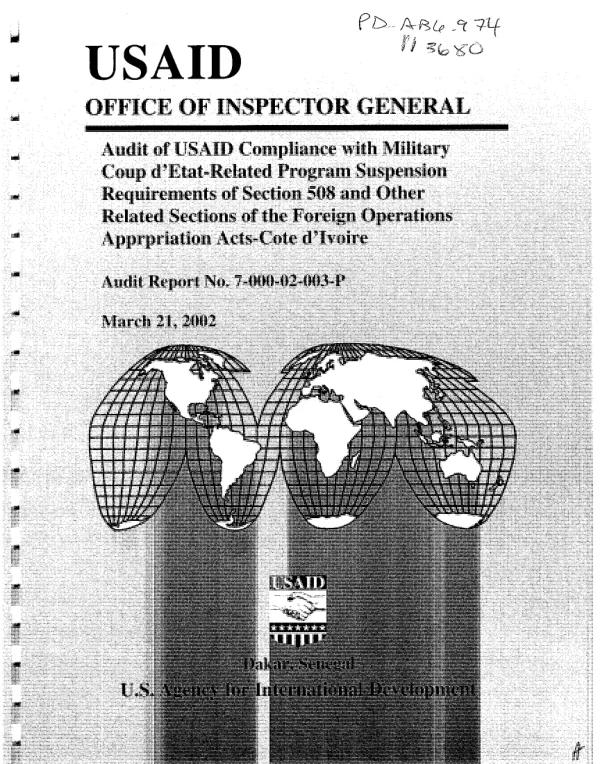 Audit of USAID compliance with military coup d"etat-related program suspension requirements of Section 508 and other related sections of the Foreign Operations Apprpriation [i.e. Appropriation] Acts-Cote d"Ivoire