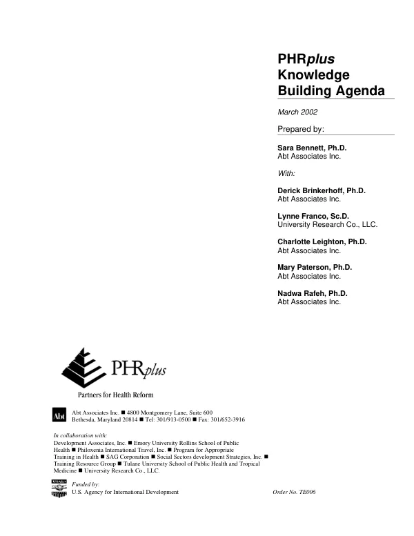 PHRplus knowledge building agenda
