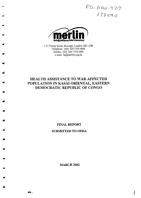Health assistance to war affected population in Kasai Oriental [Province], Eastern Democratic Republic of Congo : final report