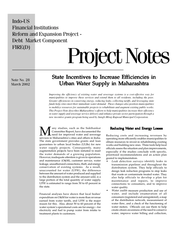 State incentives to increase efficiencies in urban water supply in Maharashtra