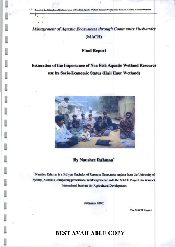 Final report : estimation of the importance of non fish aquatic wetland resource use by socio-economic status (Hail Haor wetland)