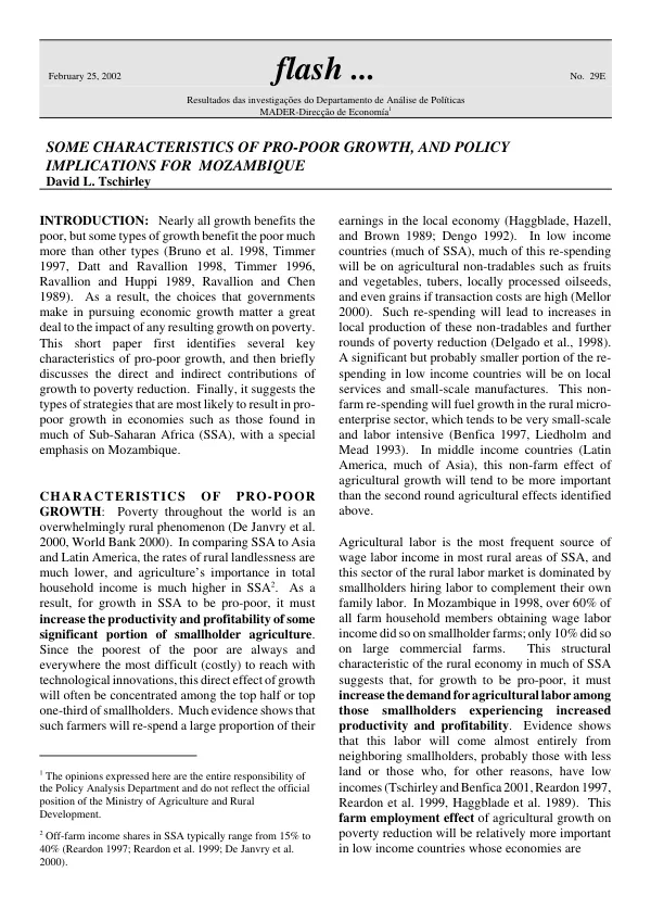 Some characteristics of pro-poor growth, policy implications for Mozambique