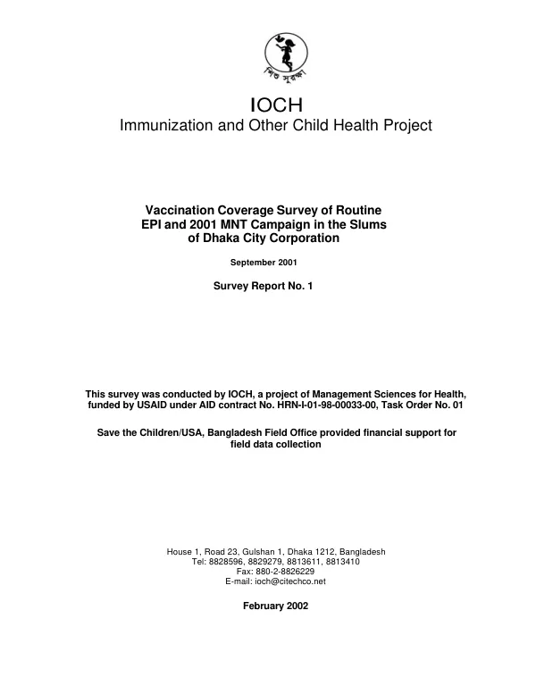 Vaccination coverage survey of routine EPI and 2001 MNT campaign in the slums of Dhaka City Corporation, September 2001