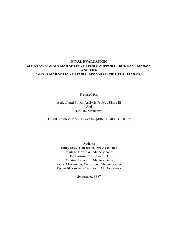 Final evaluation : Zimbabwe grain marketing reform support program (613-0233) and the grain marketing reform research project (613-0234)