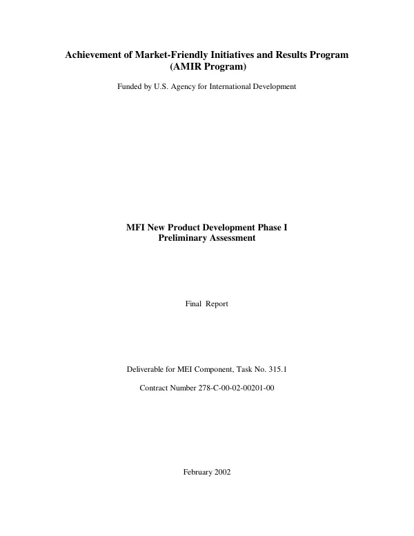 MFI [microfinance institution] new product development phase I : preliminary assessment -- final report