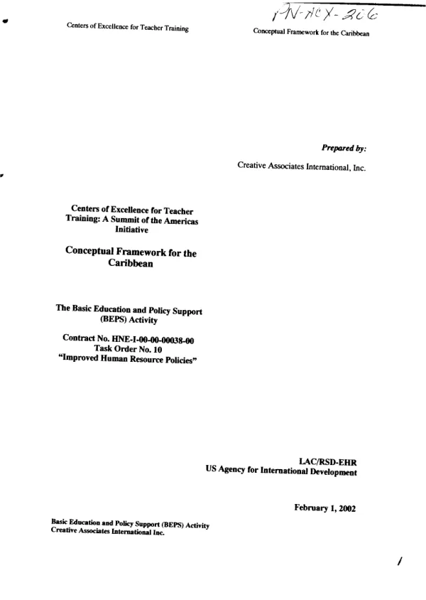 Centers for Excellence for Teacher Training [CETT] : a Summit of the Americas initiative -- conceptual framework for the Caribbean