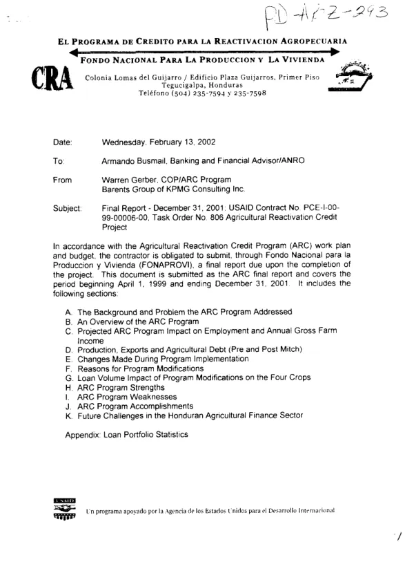 Final report : USAID contract no. PCE-I-00-99-00006-00, task order no. 806 -- agricultural reactivation credit project[, ARC] [final report covering the period beginning April 1, 1999 and ending December 31, 2001]