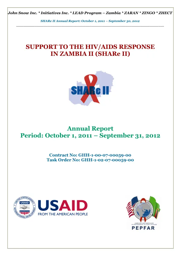 Support to the HIV/AIDS Response in Zambia II (SHARe II) Annual Report, Period: October 1, 2011 - September 31, 2012