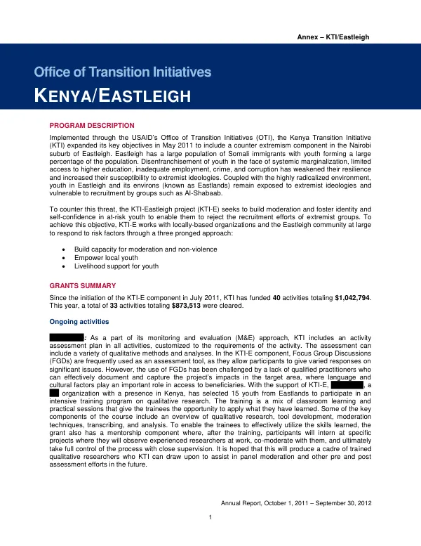 KTI/Eastleigh Annual Report Oct 1, 2011- Sept 30, 2012 Annex