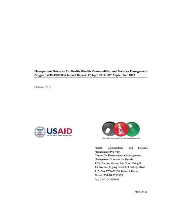 Management Sciences for Health /Health Commodities and Services Management Program (MSH/HCSM) Annual Report: 1st April 2011- 30th September 2012