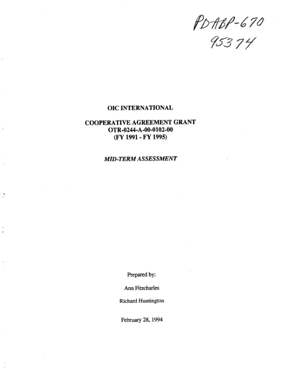 OIC International : cooperative agreement grant OTR-0244-A-00-0102-00 (FY 1991-FY 1995) -- mid-term assessment