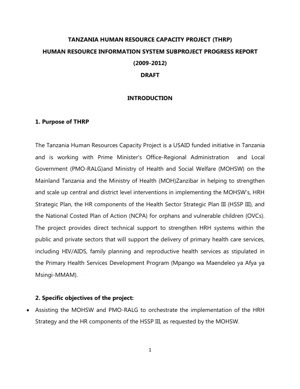 Tanzania Human Resource Capacity Project (THRP): Human Resource Information System Subproject Progress Report (2009-2012) DRAFT
