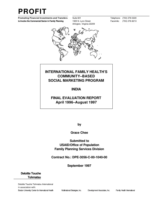International Family Health's community-based social marketing program : India -- final evaluation report, April 1996-August 1997