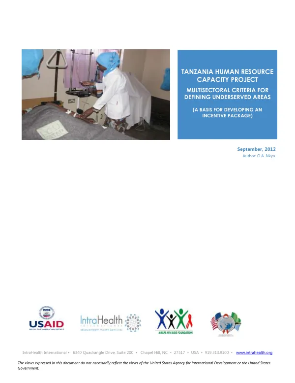 Tanzania Human Resource Capacity Project: Multisectoral Criteria for Defining Underserved Areas (A Basis for Developing An Incentive Package)