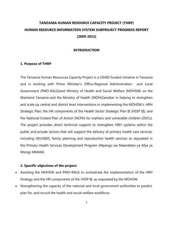 Tanzania Human Resource Capacity Project (THRP) Human Resource Information System Subproject Progress Report (2009-2013) (DRAFT)