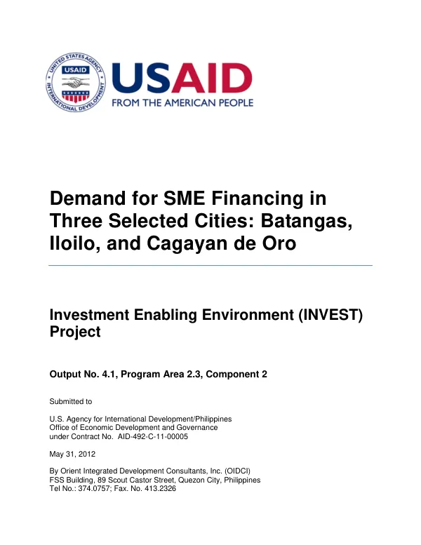 Demand for SME Financing in Three Selected Cities: Batangas, Iloilo and Cagayan de Oro