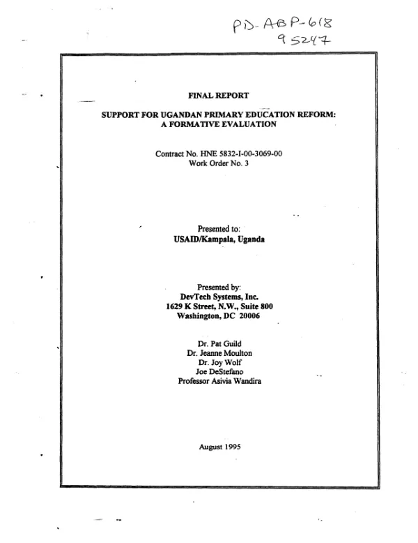 Final report -- support for Ugandan primary education reform : a formative evaluation