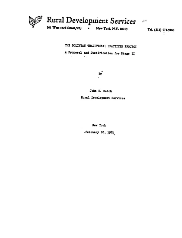 Bolivian traditional practices project : a proposal and justification for stage II