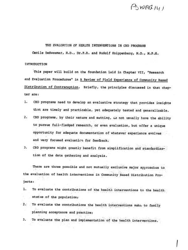 Evaluation of health interventions in CBD programs