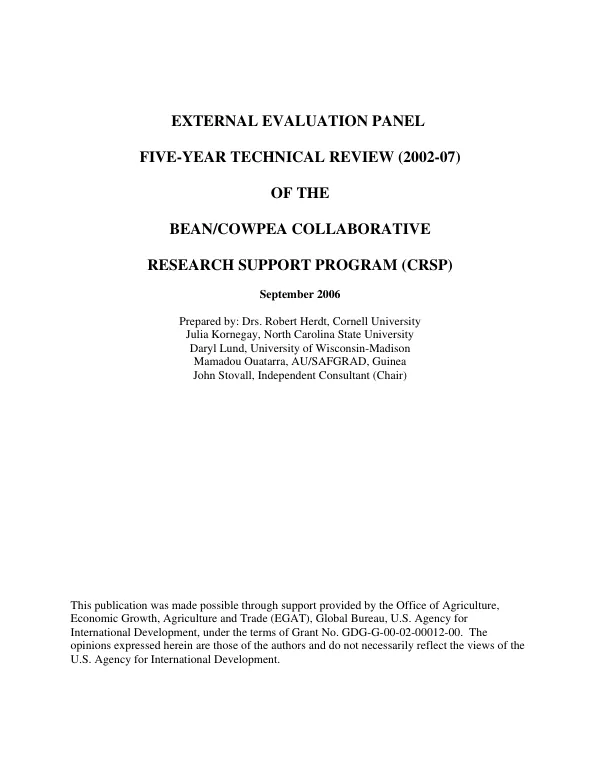 External evaluation panel five-year technical review (2002-07) of the bean/cowpea collaborative research support program (CRSP)