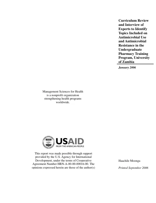 Curriculum review and interview of experts to identify topics included on antimicrobial use and antimicrobial resistance in the undergraduate pharmacy training program, University of Zambia