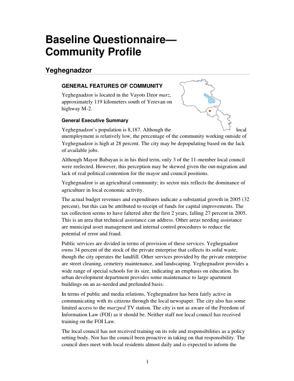 Baseline questionnaire : community profile -- Yeghegnadzor