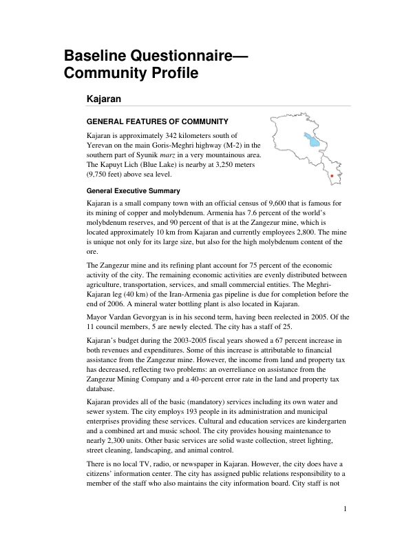 Baseline questionnaire : community profile -- Kajaran