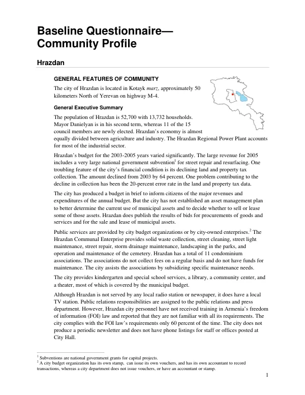 Baseline questionnaire : community profile -- Hrazdan