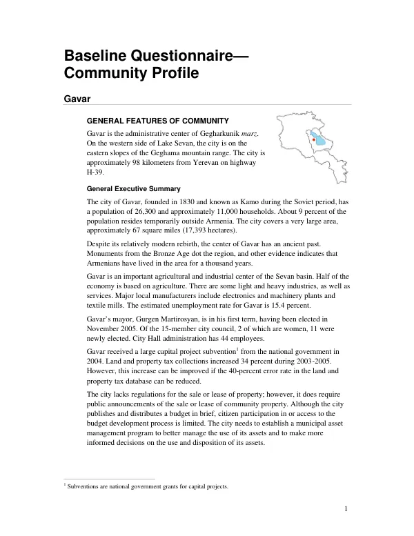 Baseline questionnaire : community profile -- Gavar