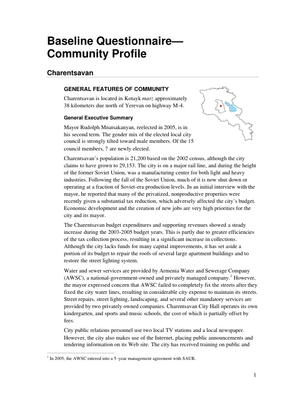 Baseline questionnaire : community profile -- Charentsavan
