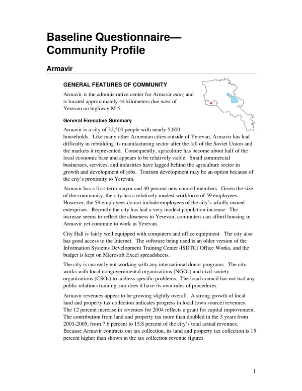 Baseline questionnaire : community profile -- Armavir