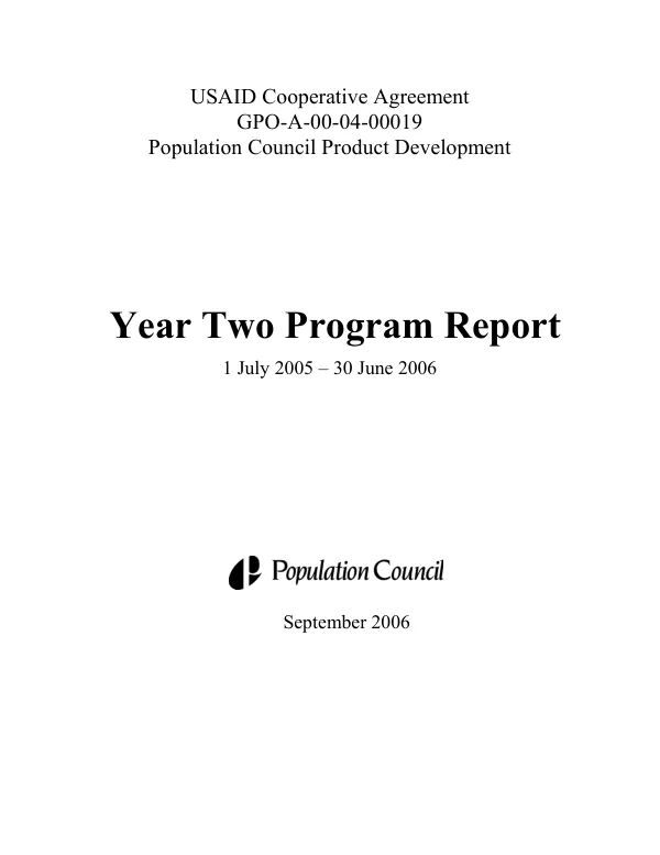Population Council product development (PCPD) : year two program report -- 1 July 2005-30 June 2006