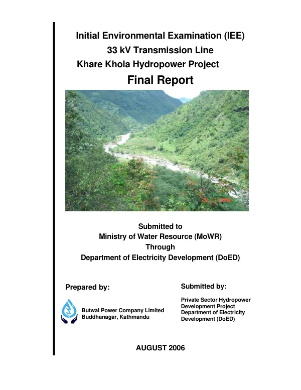Initial environmental examination (IEE) : 33 kV transmission line, Khare Khola hydropower project : final report