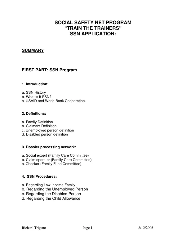Social Safety Net Program : "Train the Trainers" : SSN Application