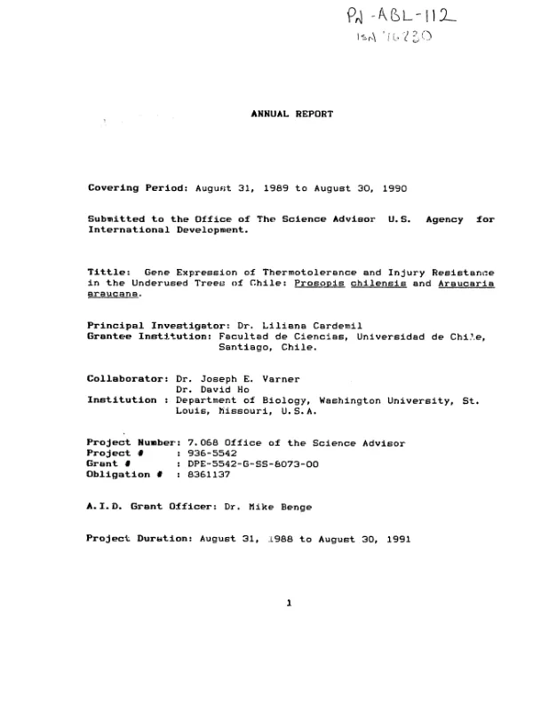 Annual report [-- August 31, 1989 to August 30, 1990 : gene expression of thermotolerance and injury resistance in the underused trees of Chile -- Prosopis chilensis and Araucaria araucana]