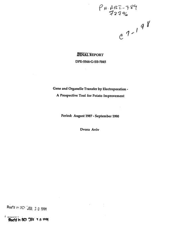 Gene and organelle transfer by electroporation : a prospective tool for potato improvement -- period, August 1987-September 1990
