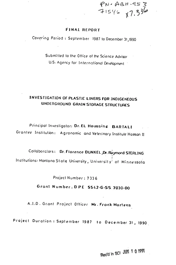 Final report, covering period September 1987 to December 31, 1990 : investigation of plastic liners for indigenous underground grain storage structures
