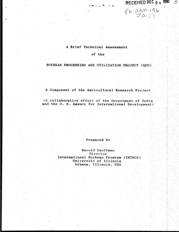 Brief technical assessment of the soybean processing and utilization project (SPU)