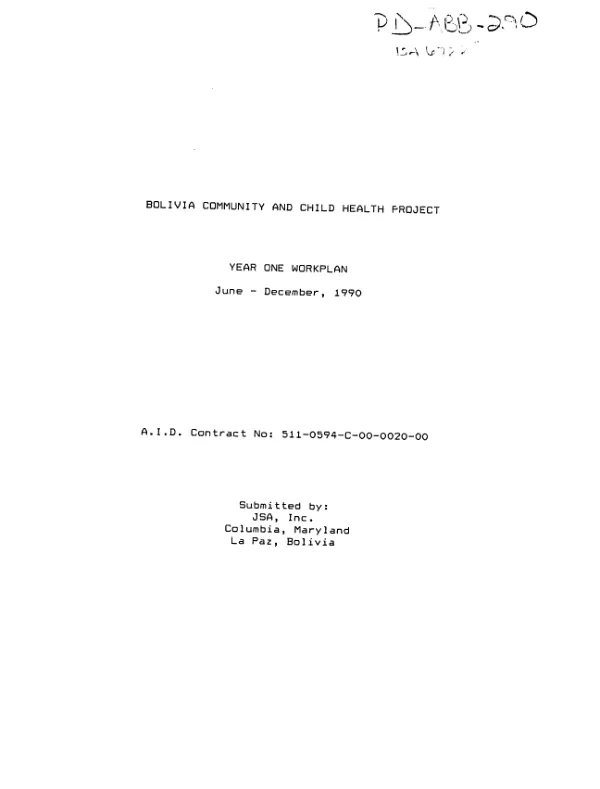 Bolivia community and child health project : year one workplan -- June-December, 1990