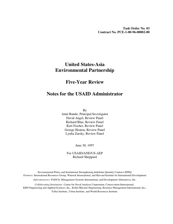 United States-Asia Environmental Partnership : five-year review -- notes for the USAID administrator