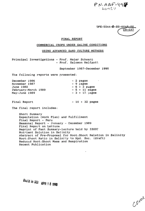 Final report : commercial crops under saline conditions using advanced sand culture methods