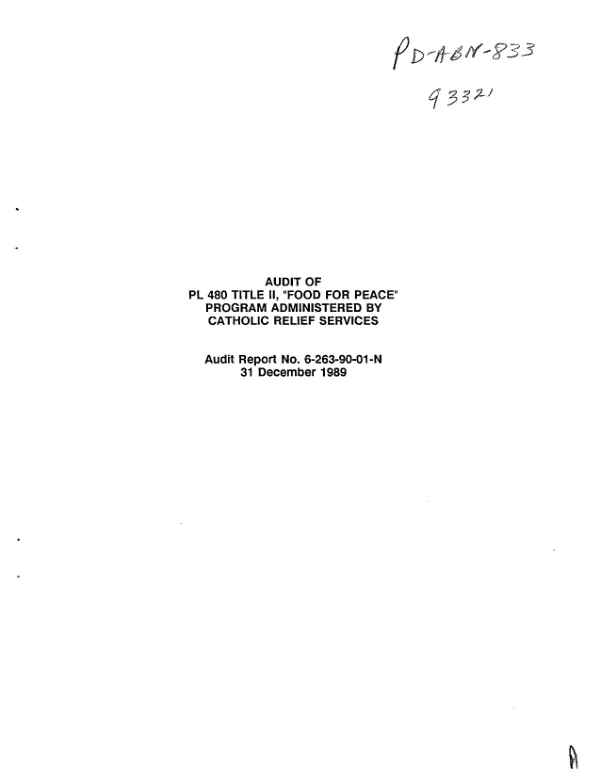 Audit of PL 480 Title II "food for peace" program administered by Catholic Relief Services